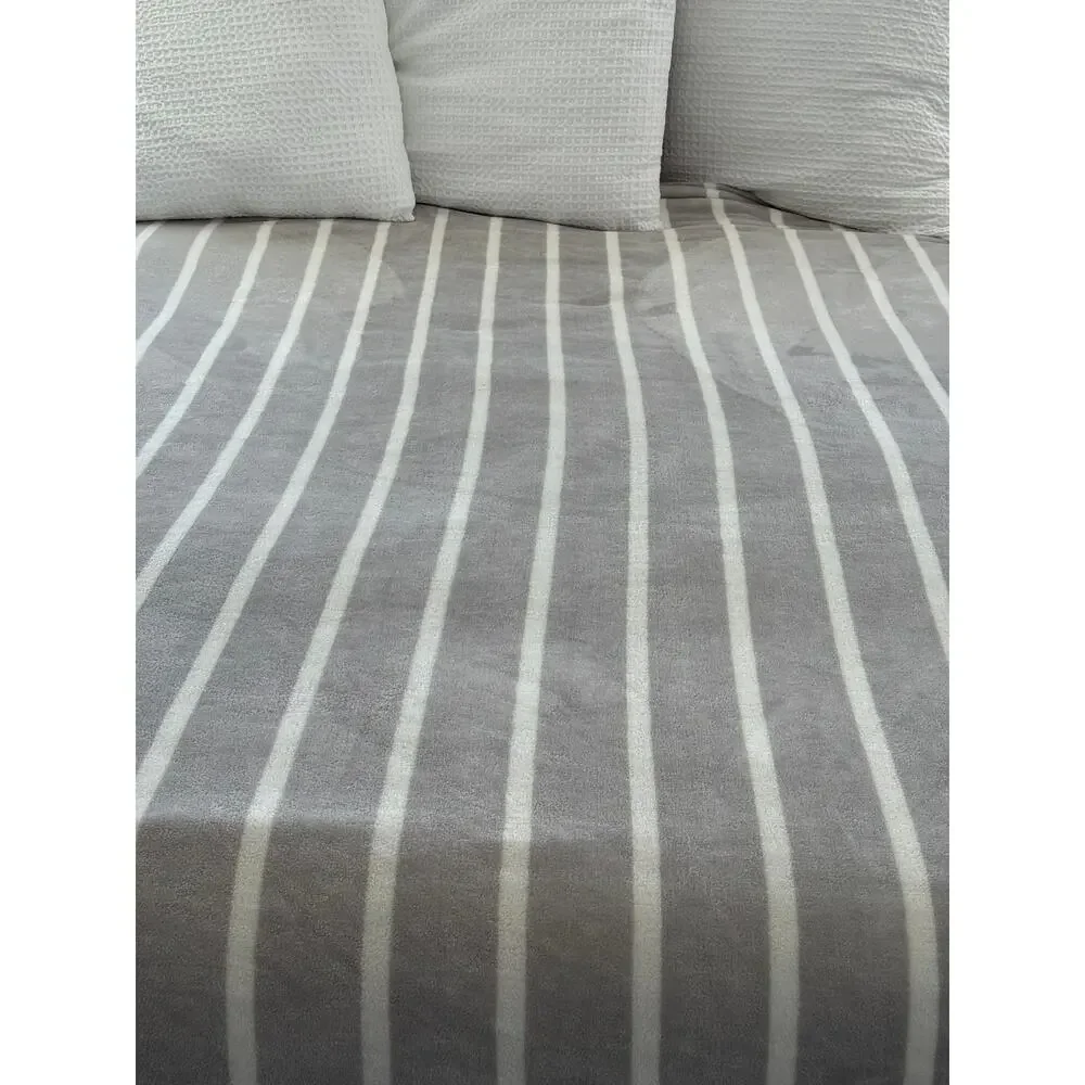 Lauren Ralph Lauren Full Queen Plush Micromink Blanket LRL Monogram Gray Stripe
